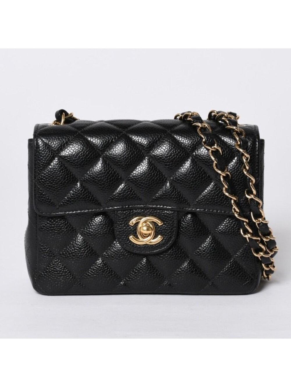 Chanel Mini Quilted Chain Shoulder Bag Caviar Leather Gold Black